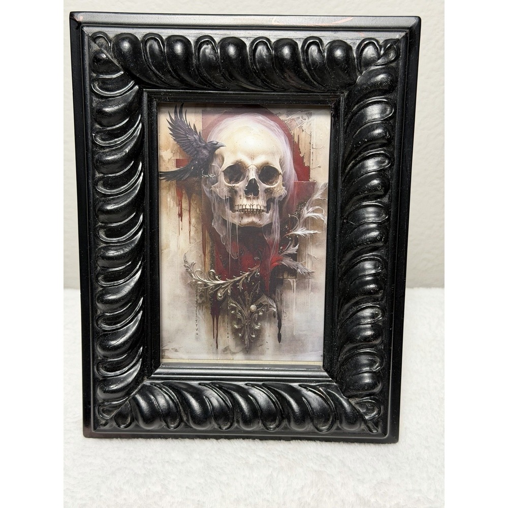 Moody, Dark Academia Skull & Raven Framed Art Decor In Baroque Black Frame 4x6